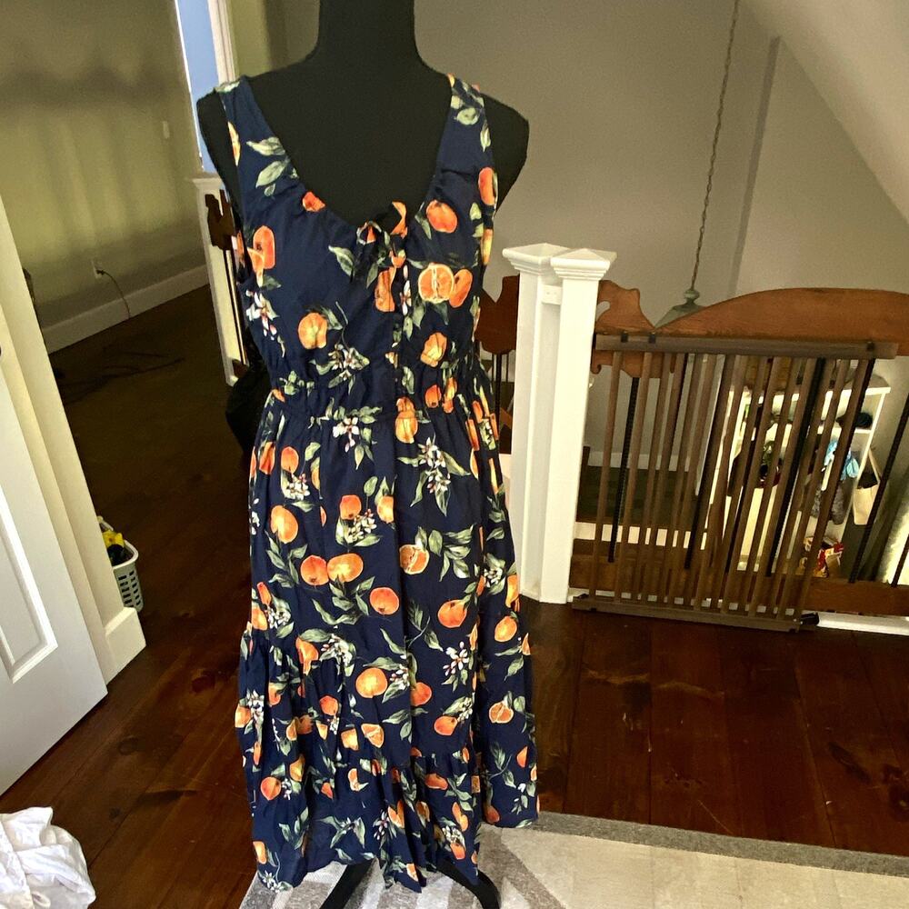 LOFT Women's Size 4 Navy Fruit Floral Midi Sundress V-Neck Tie Elastic Waist